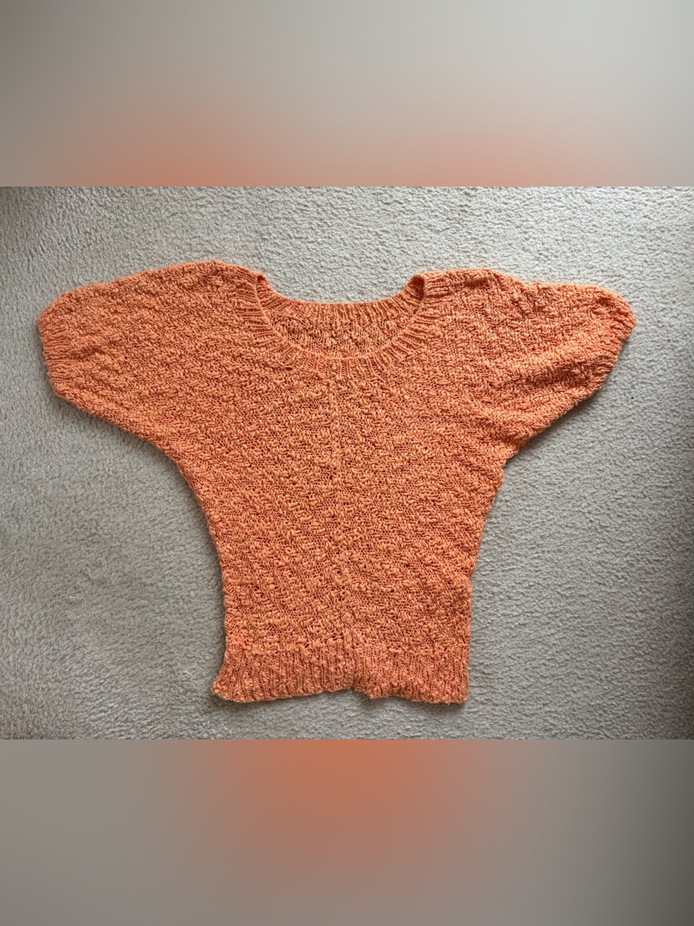 Hand knit orange crew neck pullover cinched sweater sz S boho retro whimsical